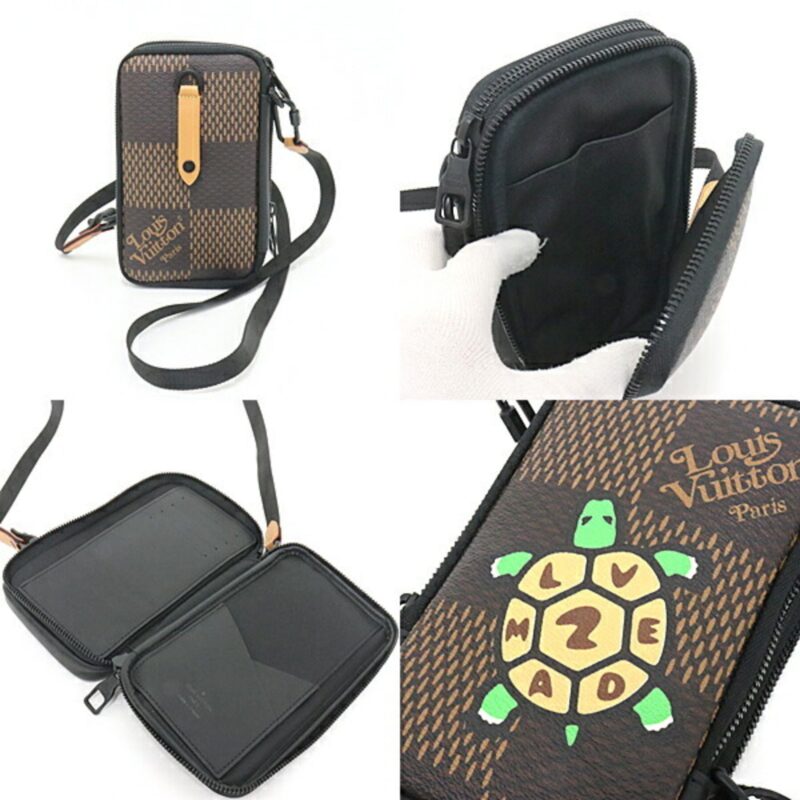 Louis Vuitton Double Phone Pouch NIGO Collaboration Damier Ebene Giant N40377 Brown/Black/Multicolor Tortoise Shoulder Bag Wallet Crossbody AWE - Image 3