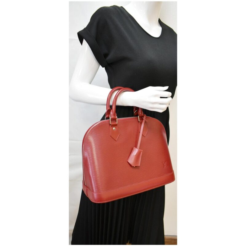 LOUIS VUITTON Alma MM Epi Leather Satchel Bag Red AWE