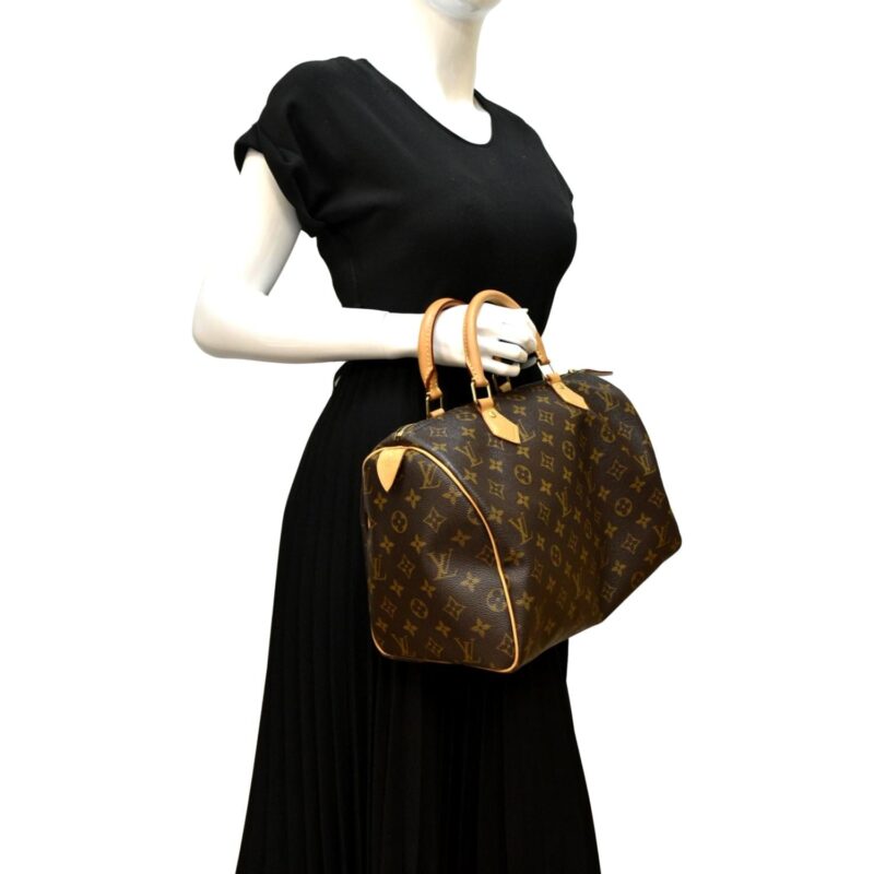 LOUIS VUITTON Speedy 30 Monogram Canvas Satchel Bag Brown AWE